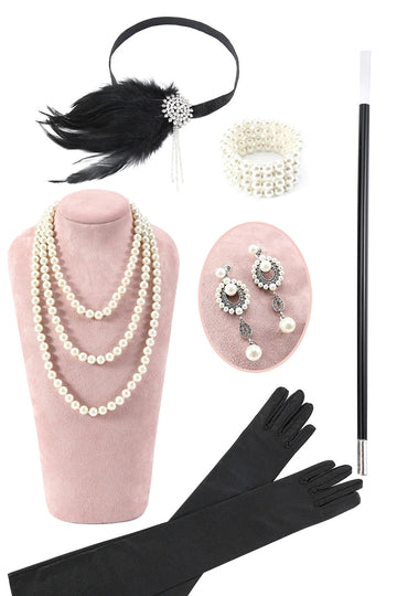 Vita Paljetter Fransar Flapper Klänning med Accessoarer Set